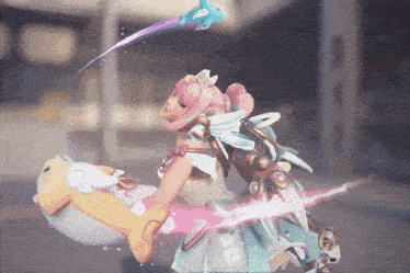 a girl with pink hair is holding a stuffed animal