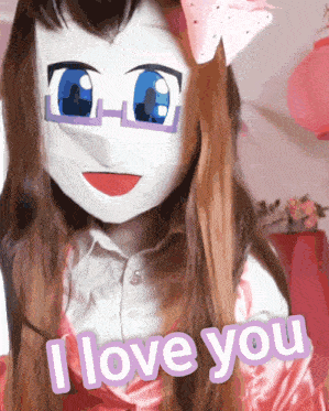 a girl wearing a mask says i love you in pink letters