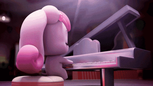 a cartoon character is playing a piano in a purple room