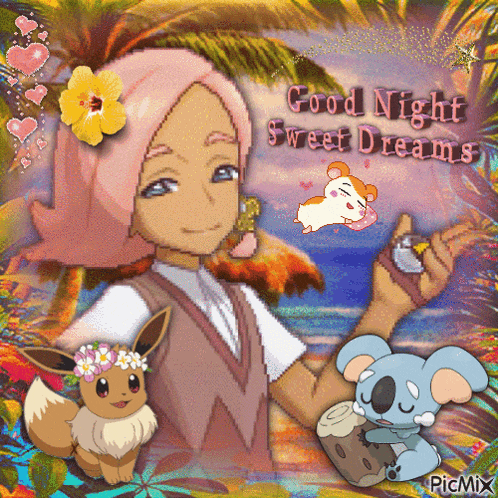 a good night sweet dreams greeting card with a girl eevee and hamster