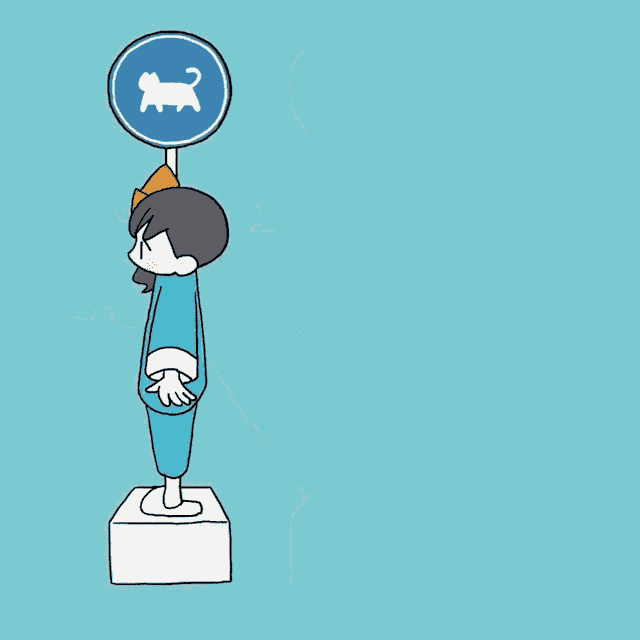 a cartoon of a girl standing next to a sign that says cat
