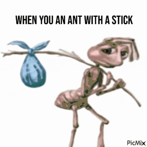 a picture of an ant with a stick and a bag hanging from it