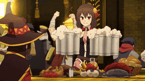 a girl in a witch hat is standing in front of a row of beer mugs