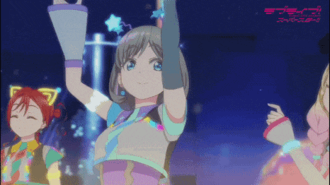 a group of anime girls are dancing in front of a sign that says ' love live school idol project '