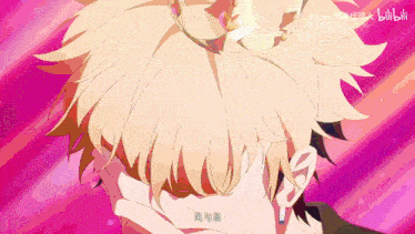 a close up of a person 's head with a pink background and the word bilibili on the bottom right