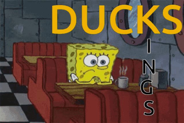 a cartoon of spongebob sitting at a table with the word ducks in yellow