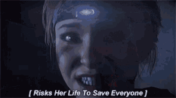 a woman wearing a headband with a light on her head says " risks her life to save everyone "