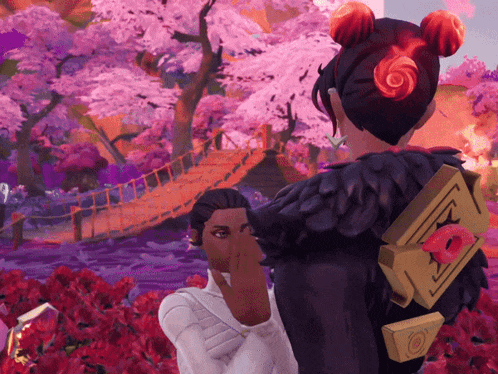 a woman covering her face with her hand in front of a bridge in a video game