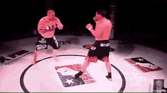 two men are fighting in a boxing ring with a sign that says ufc on it .