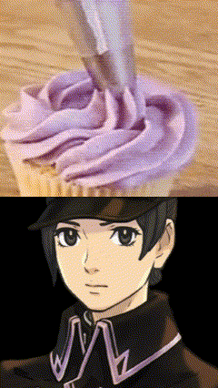 a picture of a cupcake with purple frosting next to a picture of a boy with the letter w on his shirt