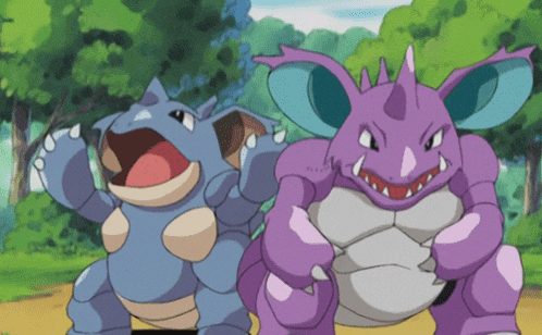 a cartoon of a blue and purple monster standing next to each other with trees in the background