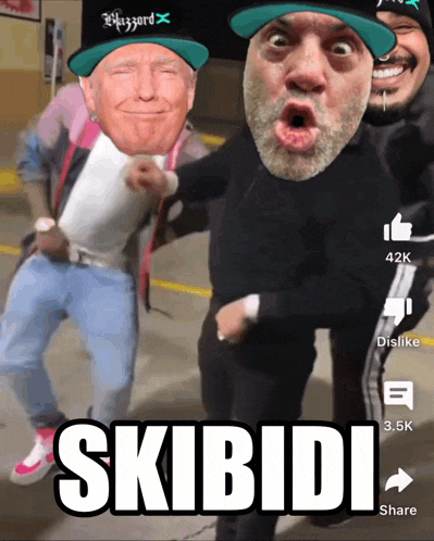a group of men are dancing with the word skibidi on the bottom