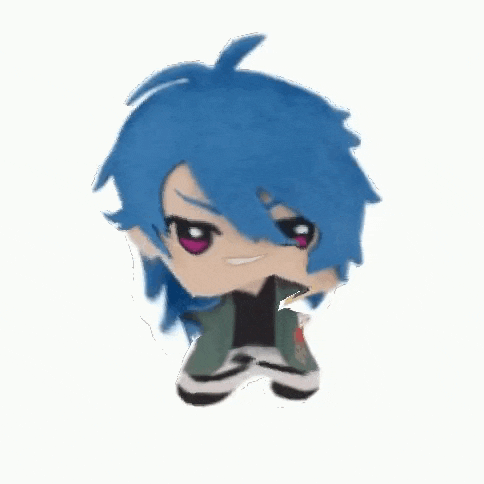 a stuffed animal of a person with blue hair and purple eyes .