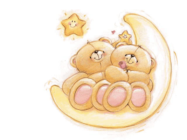 two teddy bears laying on a crescent moon with a star above them