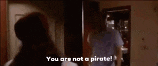 a man and woman are standing next to each other and the man is saying you are not a pirate