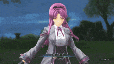 a woman with purple hair is holding a sword in a game