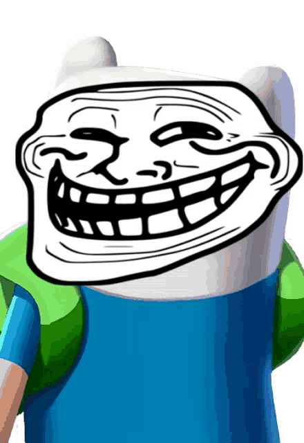 a cartoon character with a troll face on his head
