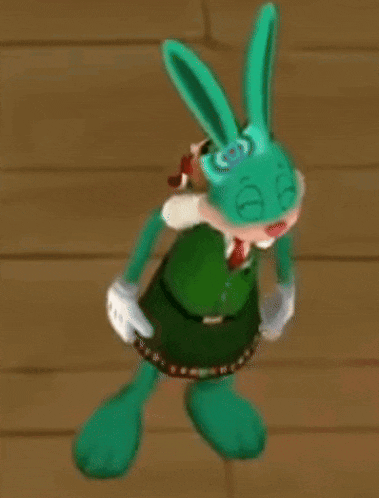 a green cartoon rabbit is standing on a wooden floor wearing a green dress and tie .