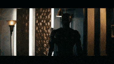 a silhouette of a man in a black suit standing in a dark room