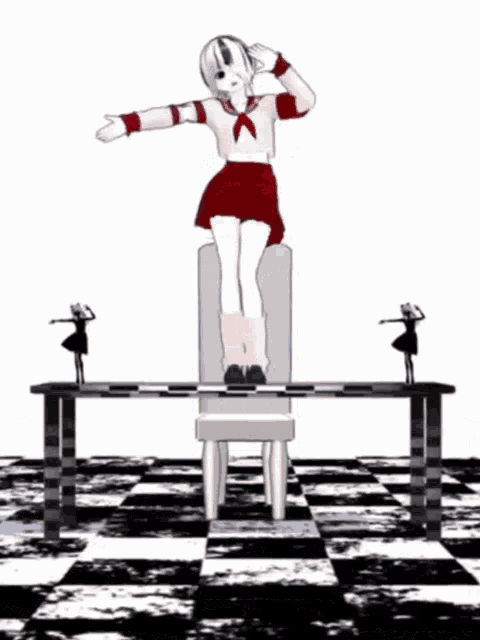 a cartoon girl is standing on a chair with her arms outstretched