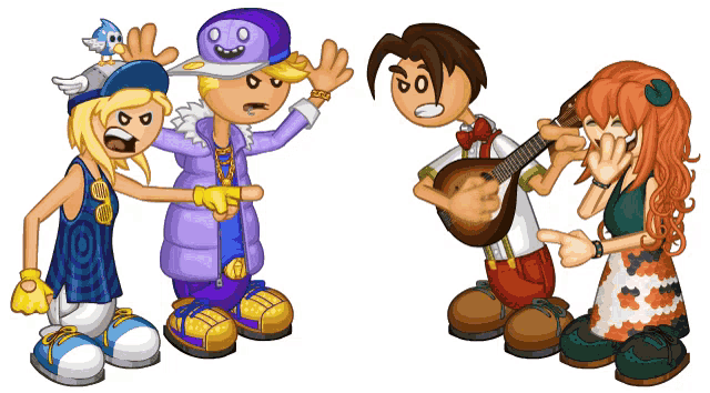a group of cartoon characters including one with a guitar