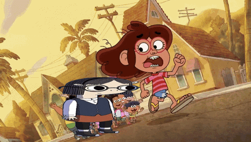 a group of cartoon characters are walking down a street in front of a house