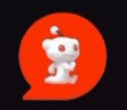 a white teddy bear is sitting in a red circle with a speech bubble .