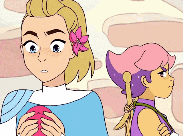 a cartoon girl with a flower in her hair is standing next to another girl