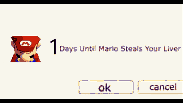a screenshot of mario with the words until mario steals your liver on it