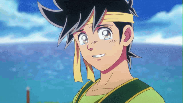 a cartoon character with a headband around his head is smiling