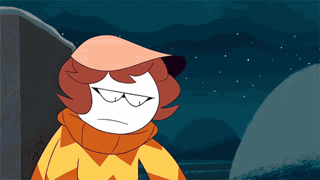 a cartoon character wearing a hat and scarf has a smirk on his face