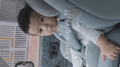 a baby is sitting in a car seat with the words " làm cai gi vậy " written on the bottom