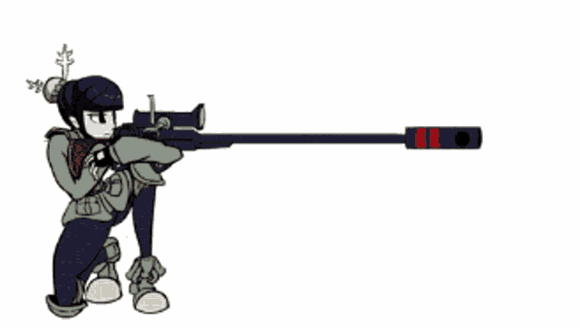 a cartoon of a girl holding a sniper rifle with a red stripe on it