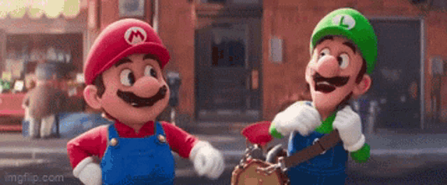 mario and luigi are standing next to each other on the street .