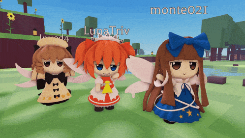 three dolls are standing next to each other and one of them has the name monte021 on it
