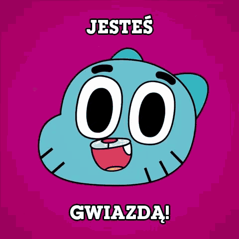 a cartoon character with big eyes and the words jestes gwiazda