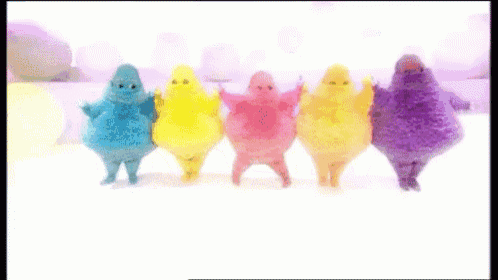 a group of colorful cartoon characters are standing next to each other on a white background