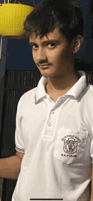 a boy wearing a white shirt that says ' delhi public school ' on the pocket