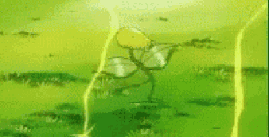 a cartoon character is standing in a field with a yellow lightning bolt coming out of it .