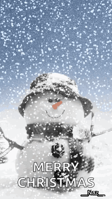 a snowman in the snow with the words merry christmas below it