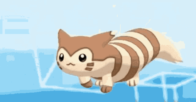 a small brown and white striped animal is flying in the air