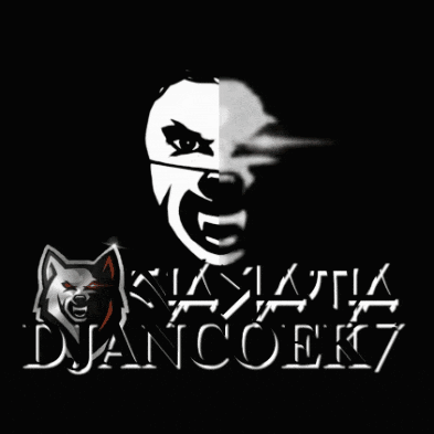 a black and white image of a clown with the name djantoek7 on it