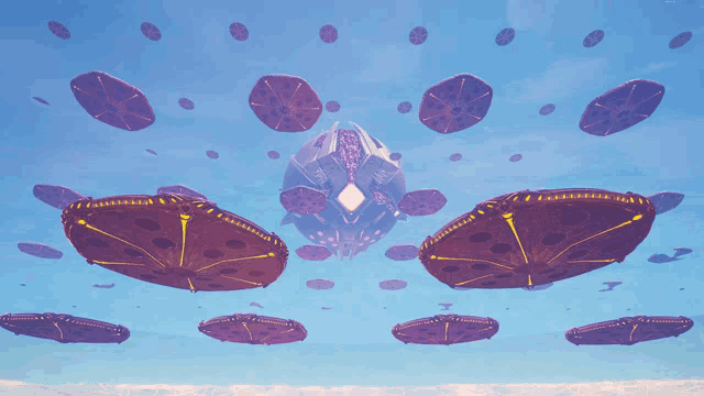 a bunch of purple and yellow objects floating in the sky