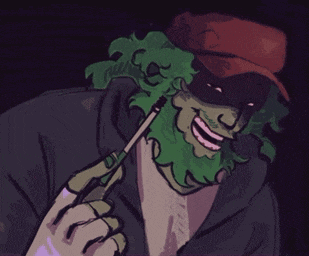 a drawing of a man with green hair and a red hat holding a lighter