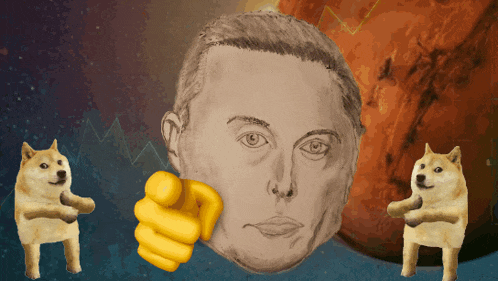 a drawing of elon musk is surrounded by doge dogs