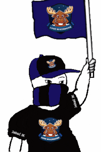 a person wearing a moose t-shirt is holding a blue flag