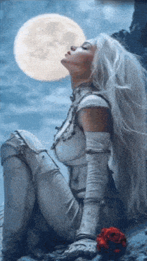 a woman with long white hair is sitting on a rock with a rose in front of a full moon .