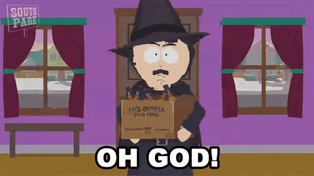 a cartoon character from south park is holding a sign that says oh god