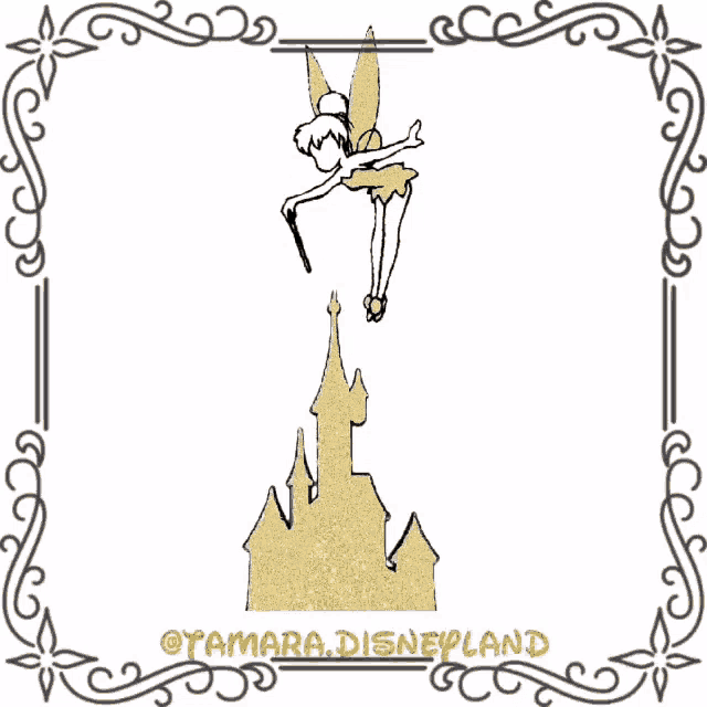 a drawing of tinkerbell flying over a castle with tamara disneyland in the corner