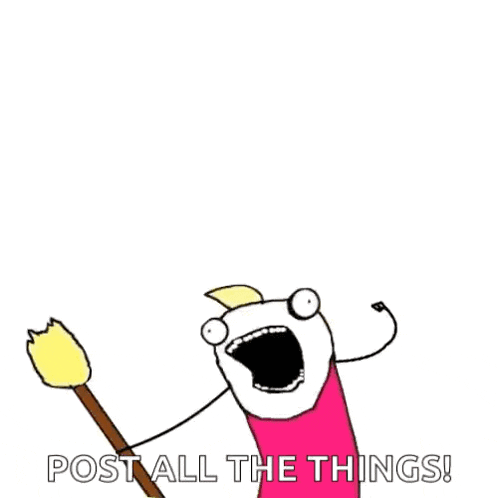a cartoon character holding a broom with the words post all the things written below it